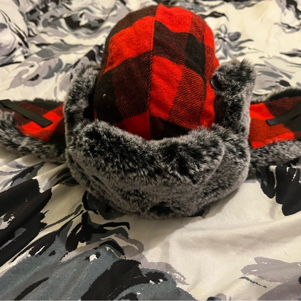 Red and Black Plaid Trapper Hat with Faux Fur